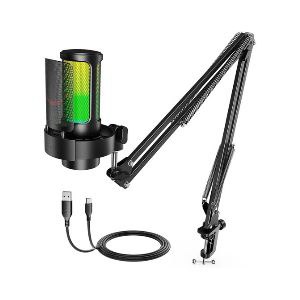 FIFINE Microfone USB Set para jogos,Kit de microfone gravação de streaming para PC com RGB,Suporte de Mic de metal,Botão Mudo,Conector para fones de ouvido,Filtro pop para voice-over,Estúdio -A8T