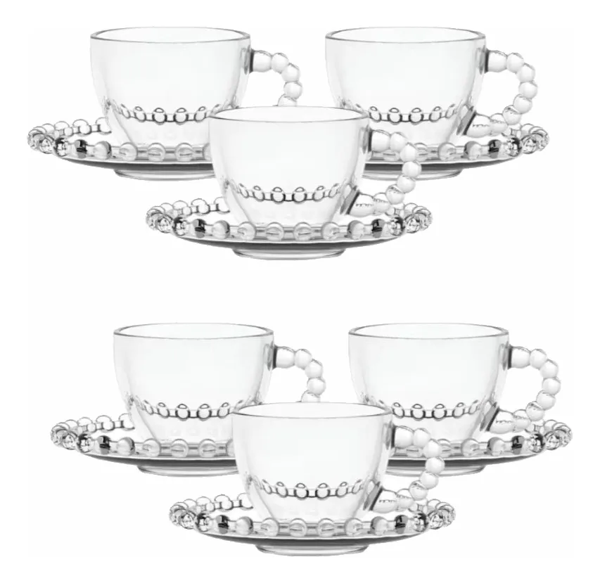 Jogo Xicaras Café/chá Vidro Transparente 220ml C/ Pires Pç 6