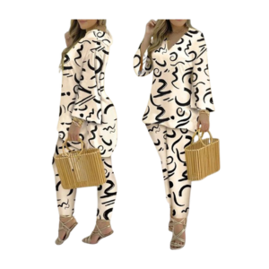 Conjunto de duas peças para mulheres, blusa de manga longa e calças com estampa