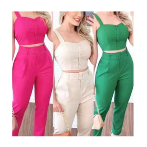 Conjunto Feminino de Linhão Duas Peças Cropped é Calça Reta com Cinto