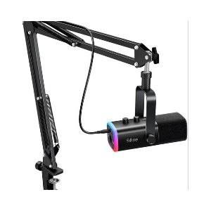 FIFINE conjunto de microfone para jogos XLR/USB, mic dinâmico para PC para podcasting, kit de microfone RGB para computador com suporte para braço de lança,para gravação de voz vocal-AM8T Preto